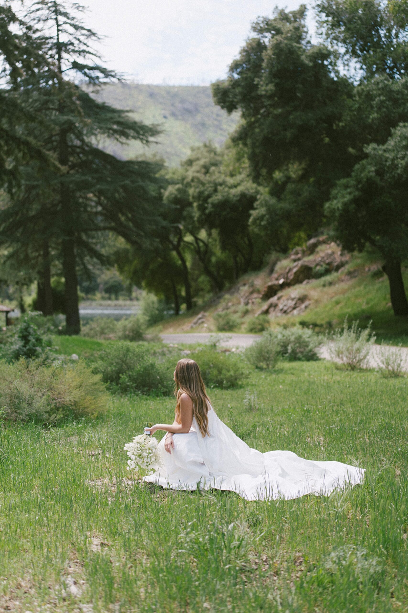 bride sitting in a field bridal portraits